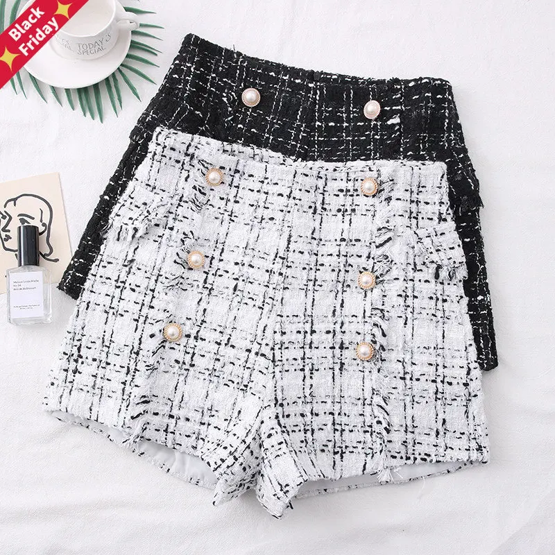 

Autumn Winter Tweed Woolen Shorts Women High Waist Double Breasted Pearl Fringe Shorts Female All Match Casual Wide Leg Shorts