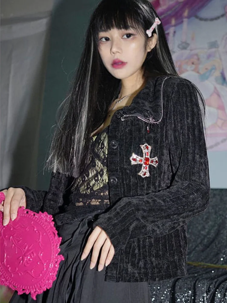 Куртка kosmechki женская в готическом стиле стразы Y2k весна-осень черная укороченная -