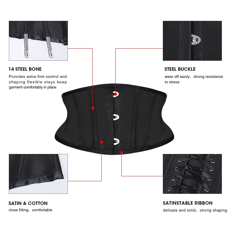 Burvogue Waist Trainer Corsets Slimming Shaper Belt Short Torso Satin Underbust Corset Sexy Lace Up Bustiers & Corsets Women
