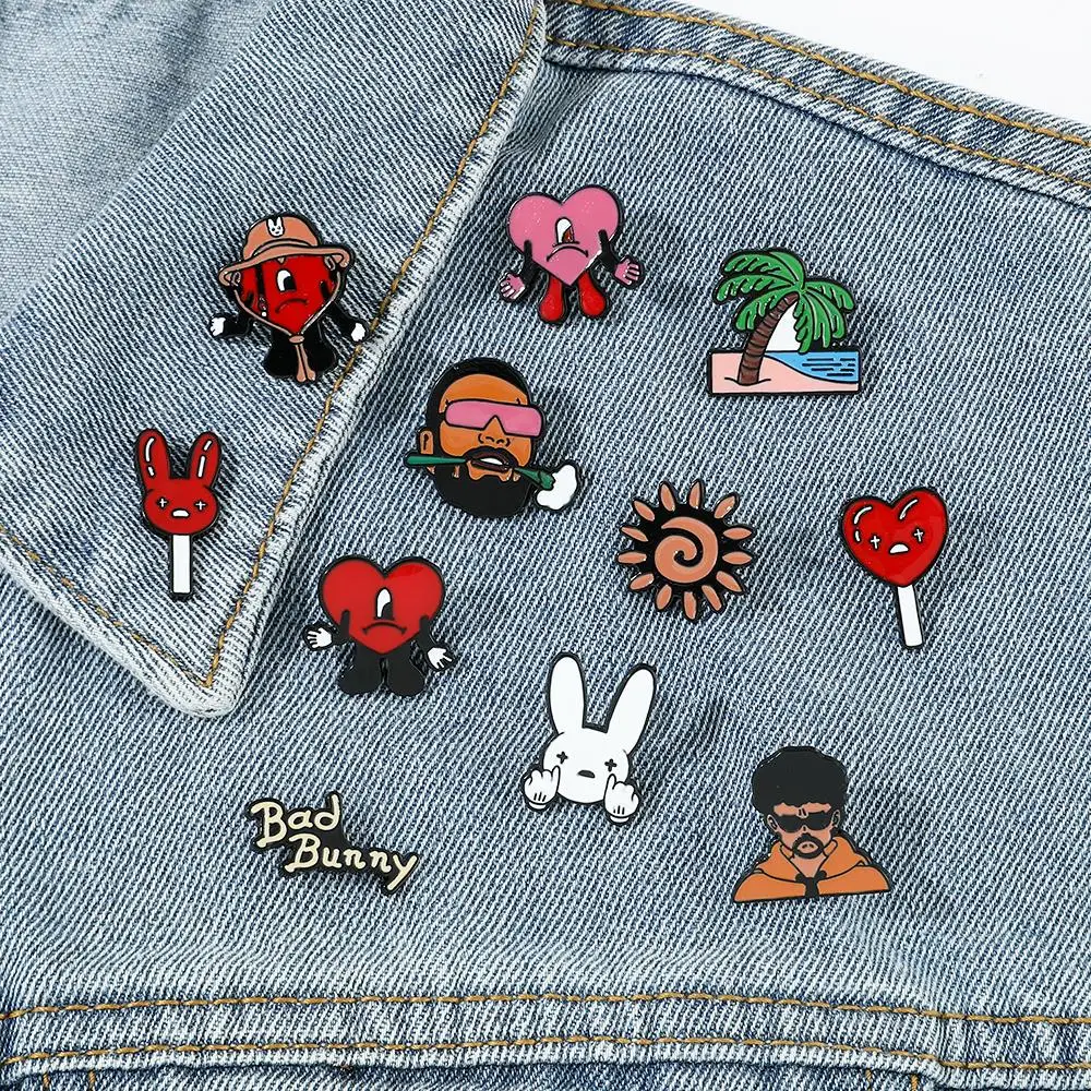 

Bad Bunny Pin for Backpack Accessories Red Heart Enamel Badges Jewelry Fashion Brooches Denim Jacket Decoration Gift for Friends