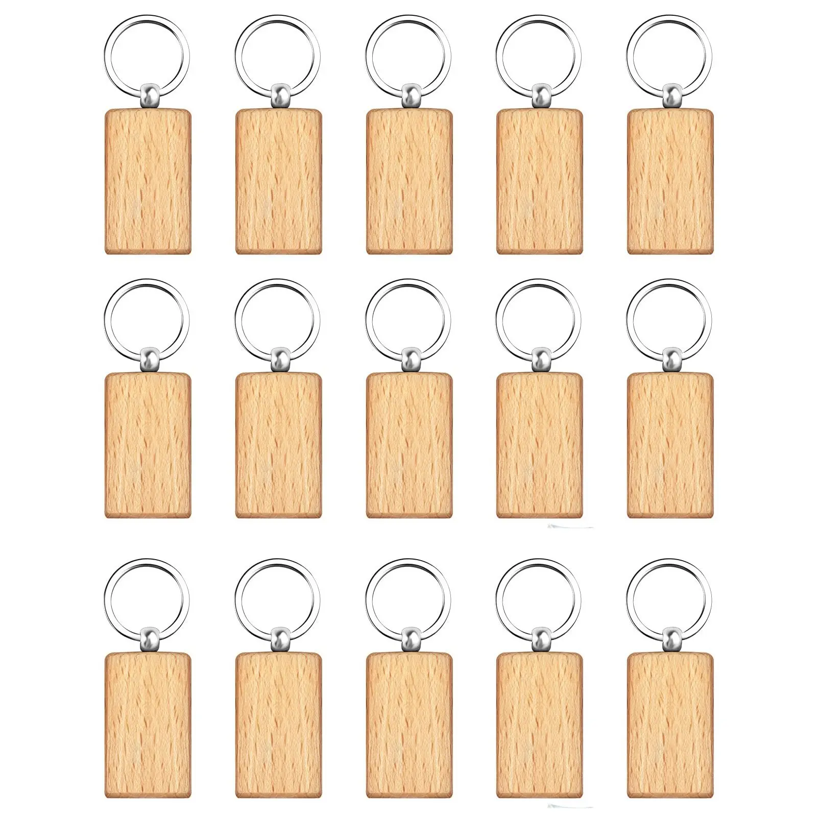 

15 Pcs Wooden Key Ring DIY Rectangle Personalized Wood Key Ring Blank Wooden Key Chain Natural Wooden Key Ring