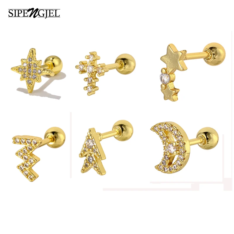 

6 Pcs Fashion Cubic Zircon Star Moon Cross Ear Piercing Earrigns for Women Stud Cartilage Earrings Party Jewelry Gift