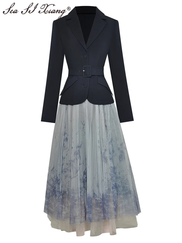

Seasixiang Fashion Designer Autumn Suit Women Long Sleeve Belt Single Breasted Coat + Print Mesh Skirt Two Piece Set