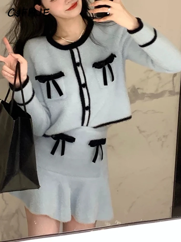 

Two Piece Set Women Korean Fashion Bow Designer Mini Skirt Suits Female Pink Y2k Patchwork Casual Kawaii Set 2022 Autumn