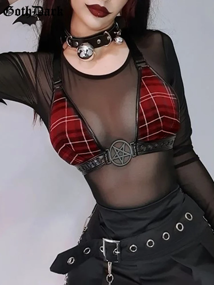 

Goth Dark Plaid Gothic Aesthetic V-neck Halter Camisole Mesh Transprent Sexy Grunge Punk Style T-shirts Emo Alt Two Piece Sets