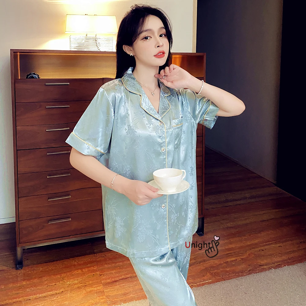 Большие размеры женские брюки с коротким рукавом пижамы шелковые атласные