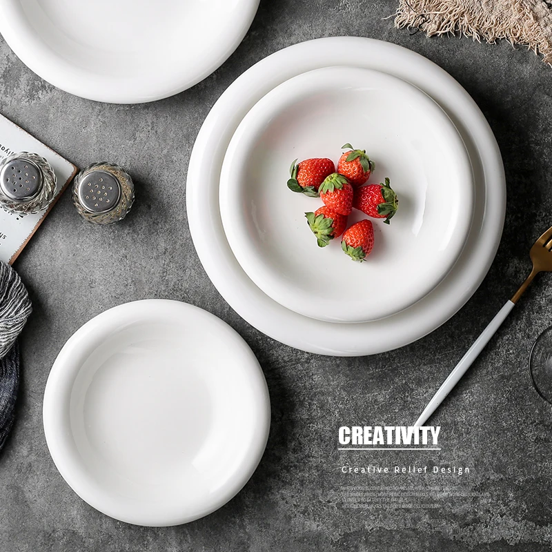 

European-Style Pure White Reverse Side Deep Plates Ceramic Large Soup Plate Barrel-Type Plate Salad Dish Dessert Plate Household