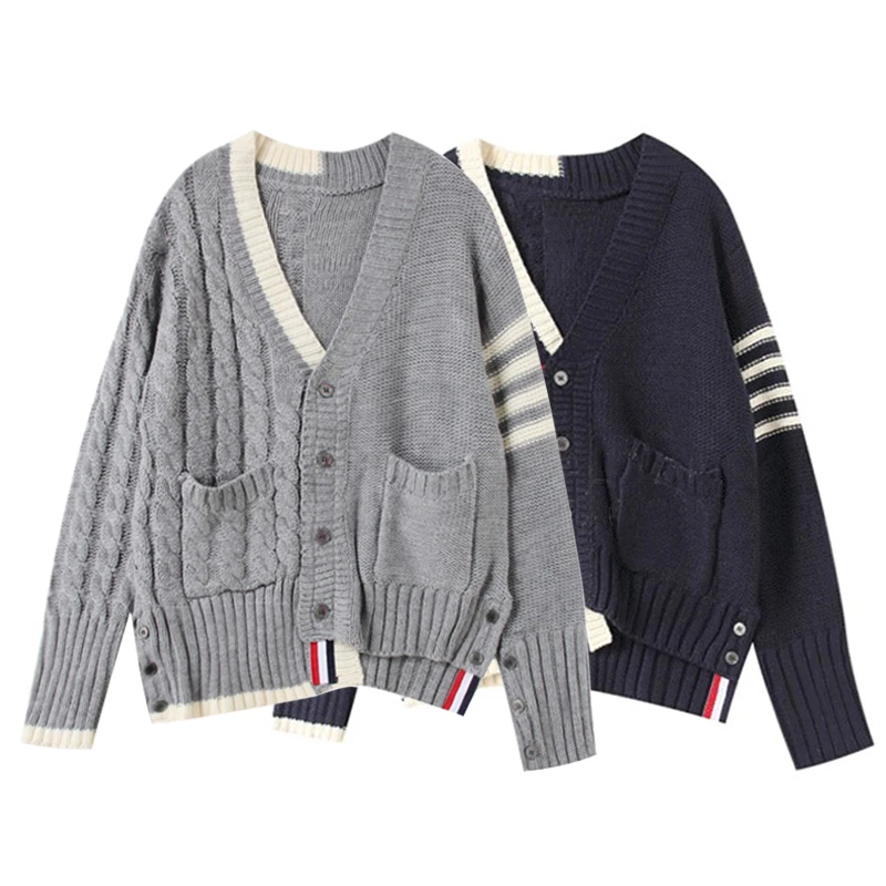 Korean version of sweater cardigan women's autumn and winter V-neck asymmetric contrast color tb knitted short coat