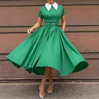 retro womens dress summer 2022 shirt collar solid color belt patchwork folds temperament office lady elegant dresses for women