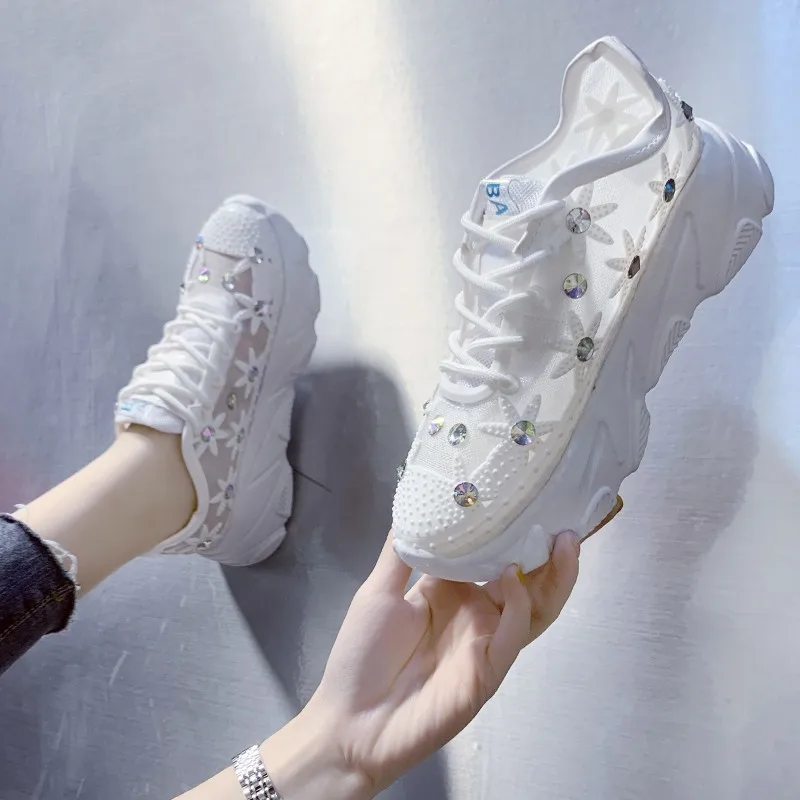 

Women's Crystal Sneakers 2021 Autumn New Women Platform Small White Shoes Ladies Mesh Breathable Casual Shoes Zapatos De Mujer