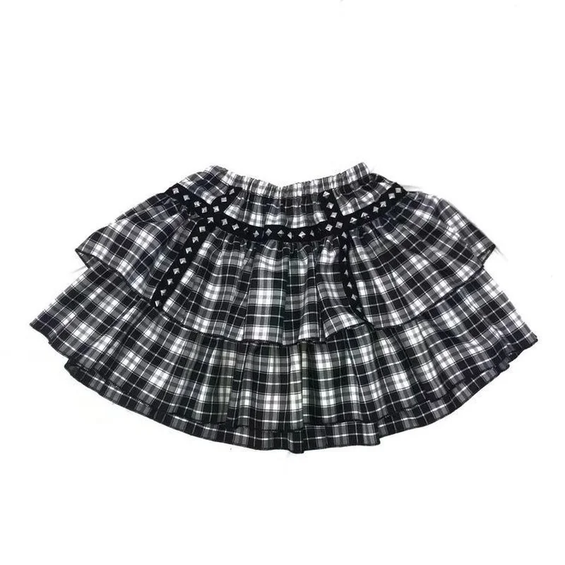 HOUZHOU Gothic Mall Goth Plaid Skirt Women Harajuku Punk Rivet Black Double-layer High-waisted Mini Skirts Dark Academia Grunge images - 6