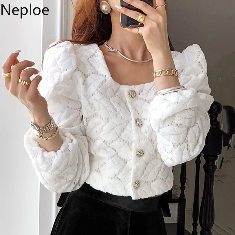 

NEW 2023 Women's Blouse White Shirts Fashion Puff Sleeve Blouses Lace Cropped Tops Korean Elegant Ladies Blusas Button Up Sh