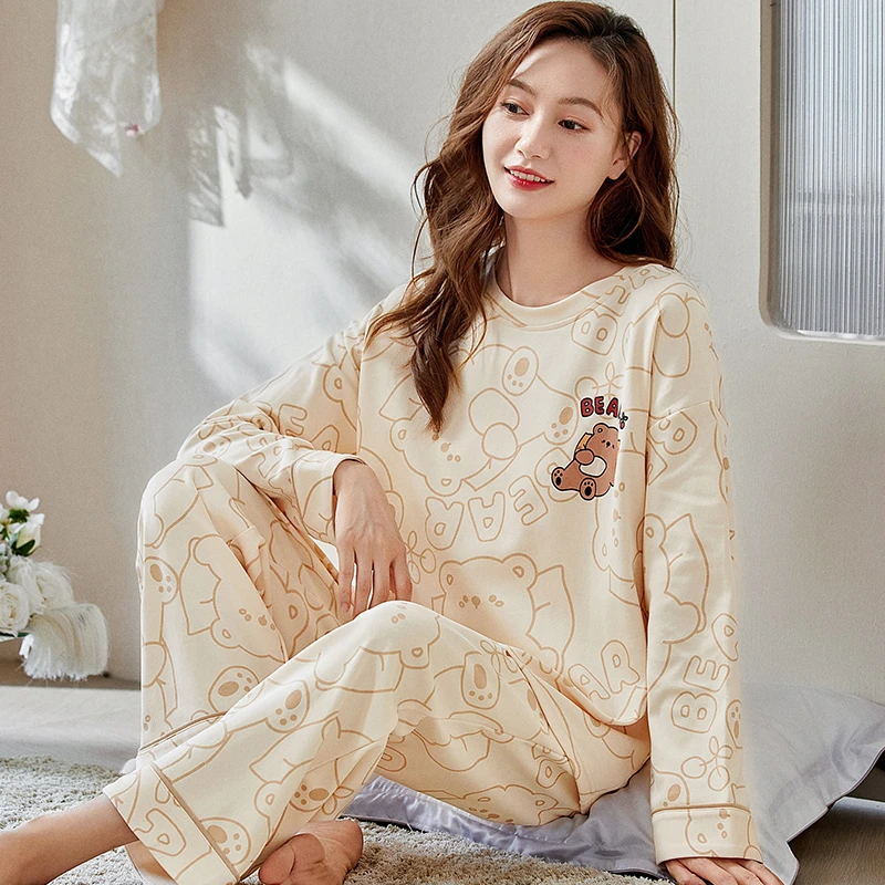 CAIYIER Cotton Winter Pajamas Set For Women Cute Grid O-Neck Long Sleeed Nightwear Girl Simple Leisure Sleepwear Autumn Homewear