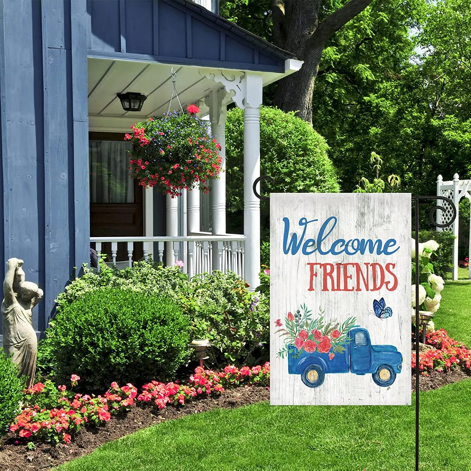 

Welcome Friend Blue Truck with Flowers Flag Decorative Spring Butterfly Garden Flag Banner for Outside House Yard Home Decorativ