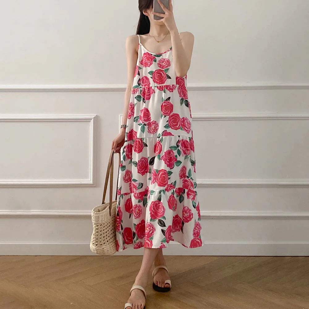 

ZATRHMBM New Fashion floral print long Skirt suspenders chic and elegant woman dress loose backless summer dresses women 2022