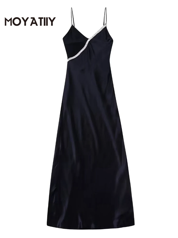 

MOYATIIY Women Black Summer Dress Rhinestone New Year Midi Dress Vintage Backless Zipper Straps Female Party Dresses