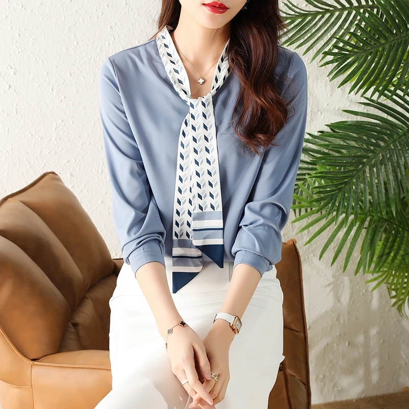 

Chiffon Women's Blouse Long Sleeve Tops Summer Pointed Lapel Shirt Korean Fashion Casual Solid