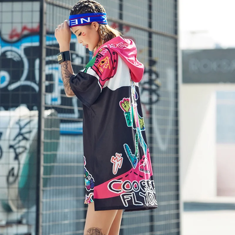 

New Summer Harajuku Funny Printed Long T For Hooded Tee Shirts Women Tops Hip Hop Streetwear Female Dance C 122