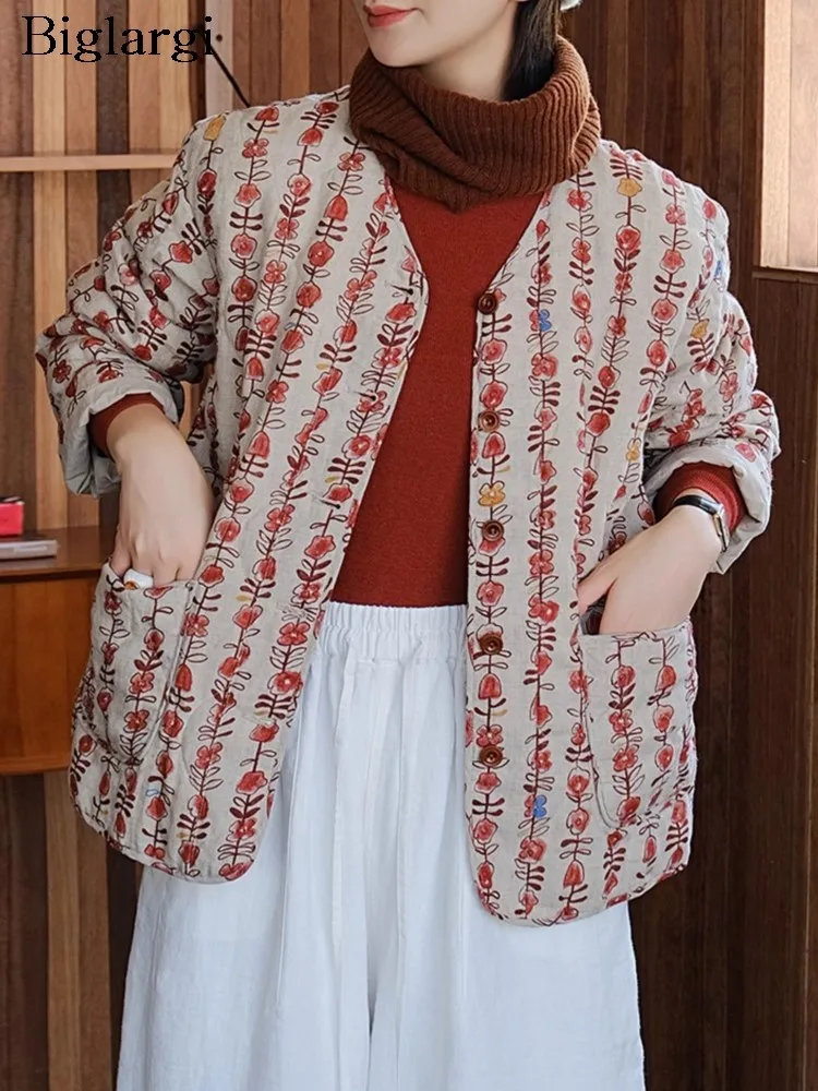 Оверсайз осенне-зимнее стеганое хлопковое пальто с v-образным вырезом женские