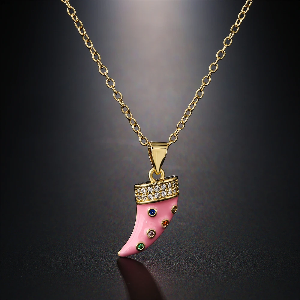 

NEWBUY 4 Colors Epoxy AAA Cubic Zirconia CZ Pave Setting Party Jewelry Female Gold Chain Copper Cute Wolf Tooth Pendant Necklace