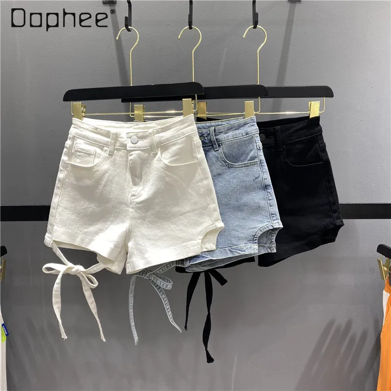 

Summer White Shorts Women Jeans 2022 New High Waist with Straps Denim Shorts Women's Slim Fit A- Line Wide-Leg Denim Hot Pants