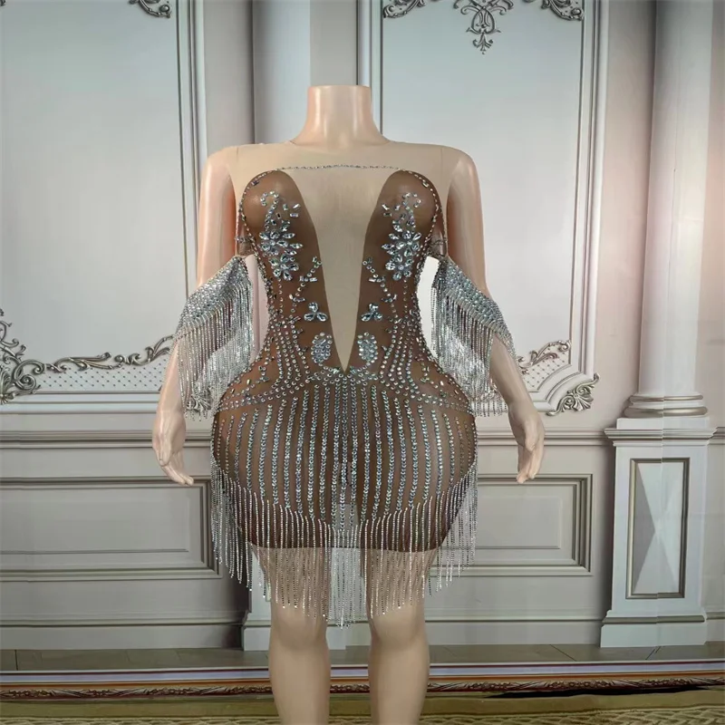 

SD07 сексуальная женская одежда для латиноамериканских танцев, коричневое Сетчатое платье с кристаллами, цепочка со стразами, стразы, эластичная прозрачная юбка с кисточками и принтом
