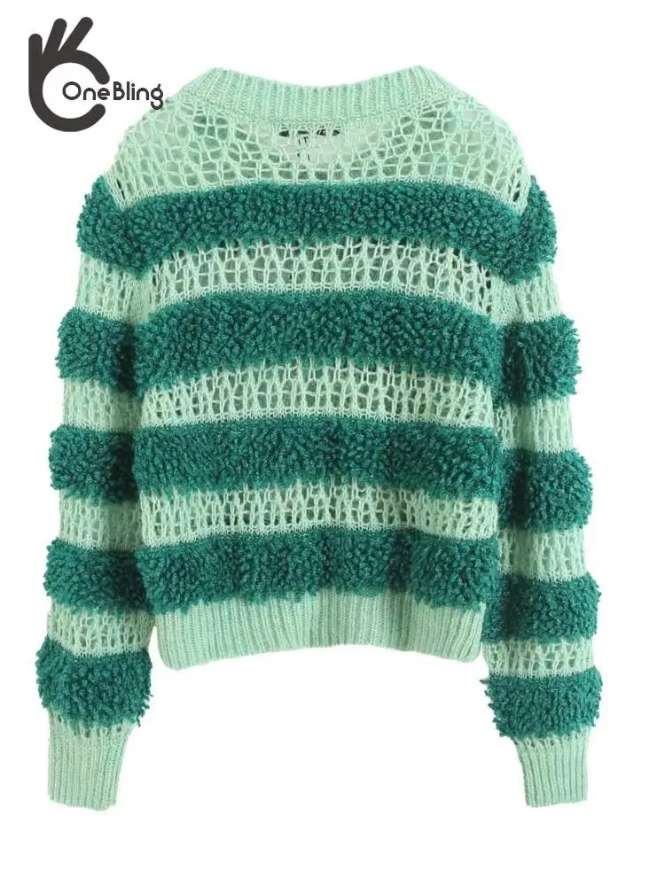 Женский ажурный кардиган OneBling вязаный Зеленый однобортный свитер в полоску с