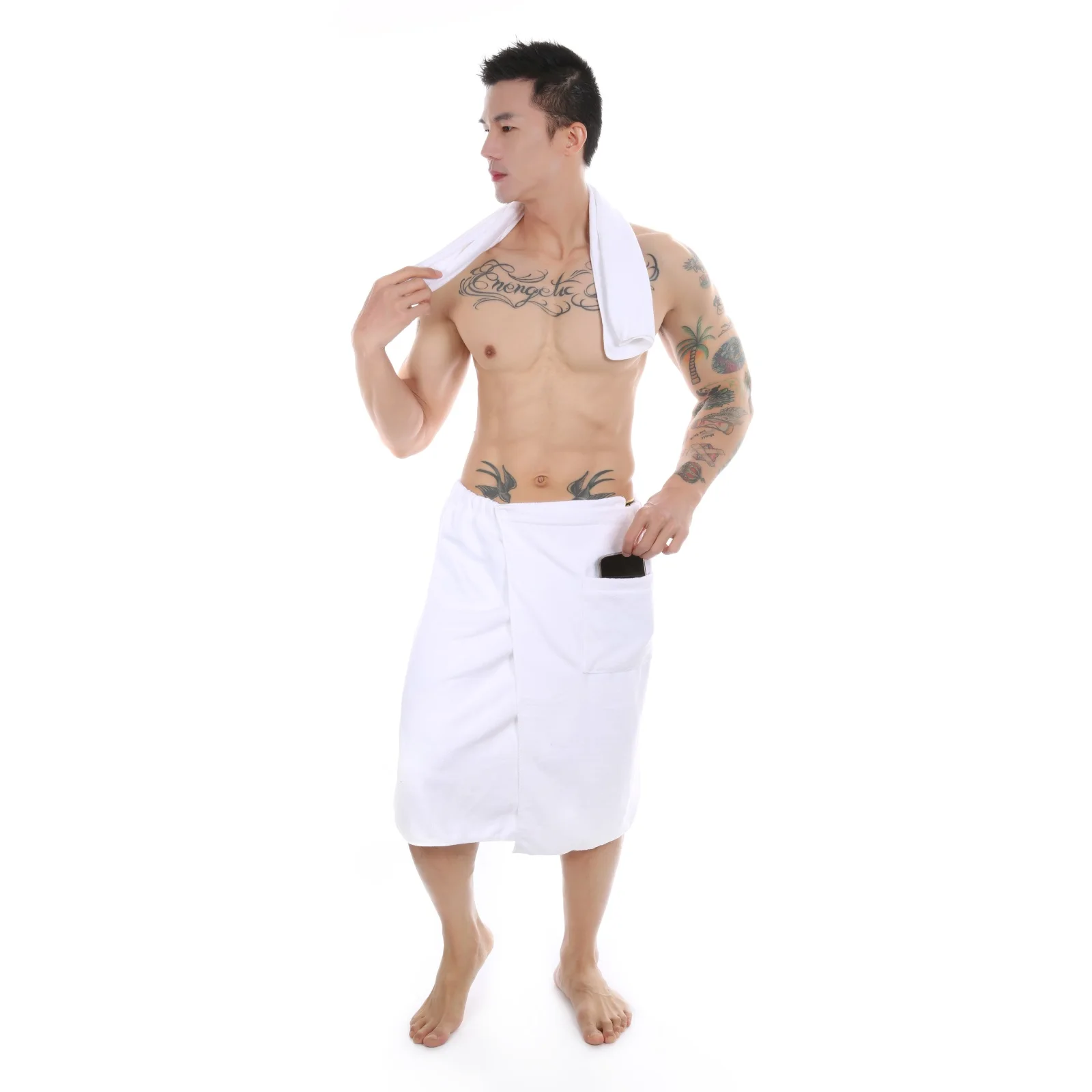Men's Soft Bathrobe Wearable Bath Towel With Pocket Comfy Sports Gym Swimming Beach Blanket Shower Skirt Bath Set 2 PCS