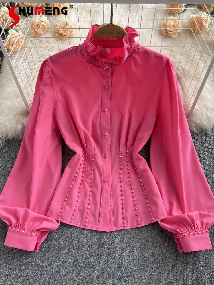 

Women's Ruffled Beaded Single-Breasted Loose Shirt All-Matching Elegant Long Sleeve Blouse Summer Solid Color Ladies Tops