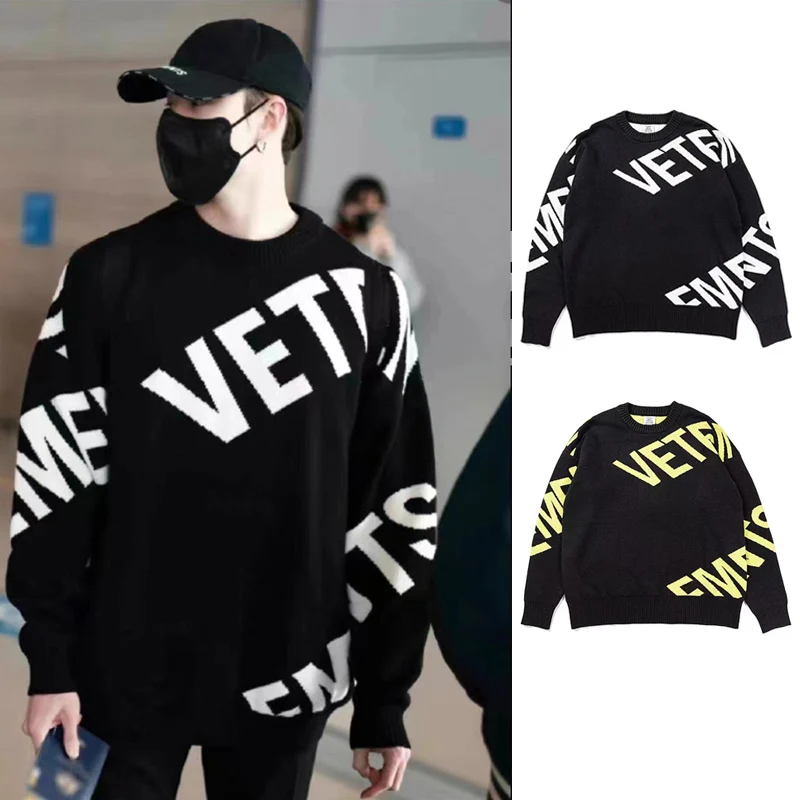 

High Quality Black Vetements Big Logo Knitted Jacquard Fashion Sweater Men FemaleThe Same Kind VTM Casual Sweatshirts
