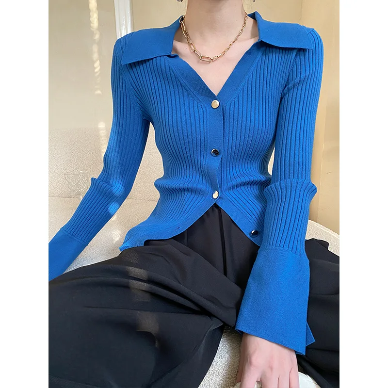 

French Rhine blue POLO large lapel paper man thread slim bottoming knitted sweater early spring traf zara store