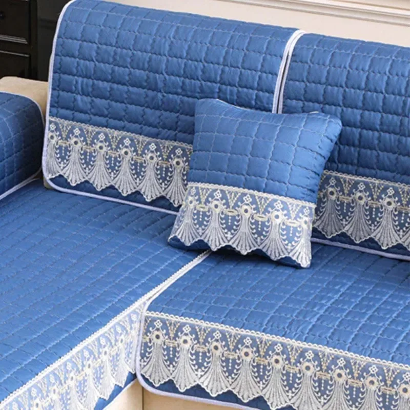 Хлопковый стеганый чехол для дивана цветочный синий клетчатый секционный