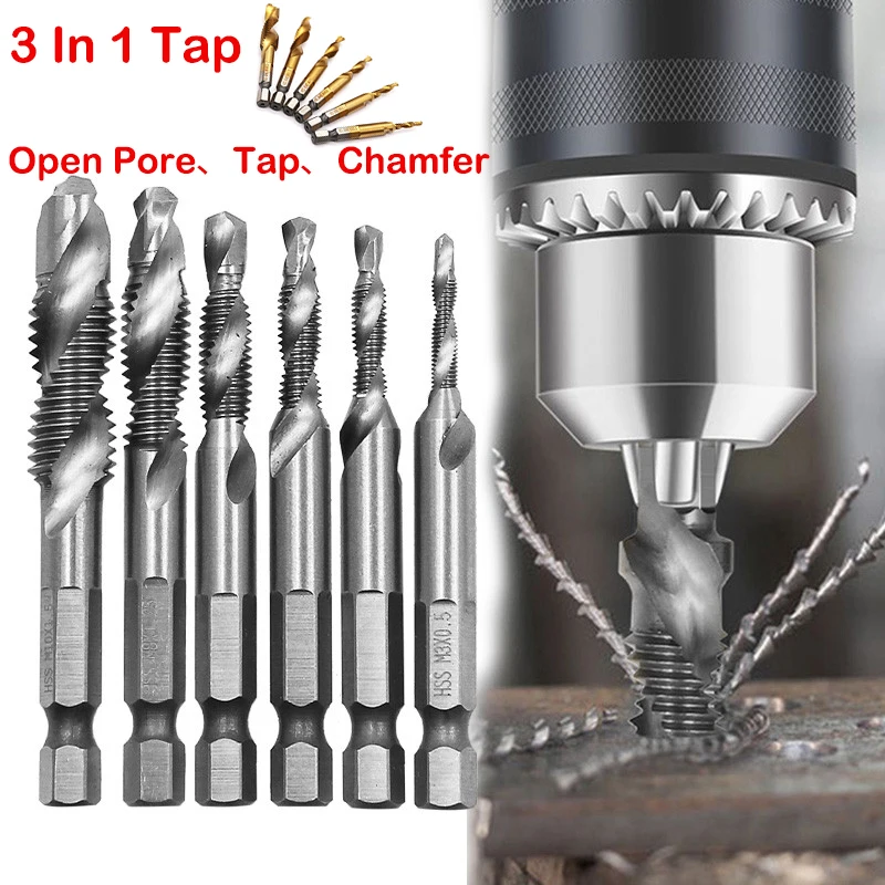 6 PCS M3-M8 Drilling And Tapping Deburring Integration Bit Sets Male Thread Plug Mechanical Workshop Tools Metal Drill Bit Set