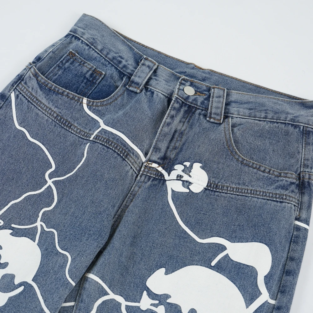 Full Skulls Printed Gothic Jeans Trousers for Men Women Distressed Retro Dark Academia Black Pants y2k Streetwear Grunge Clothes