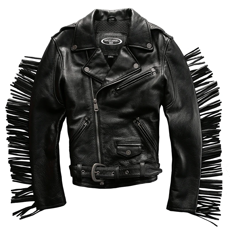 

Мотоциклетный костюм Harley, кожаная куртка с кисточками и лацканами, наклонная застежка-молния, тонкая короткая мужская куртка из натурально...