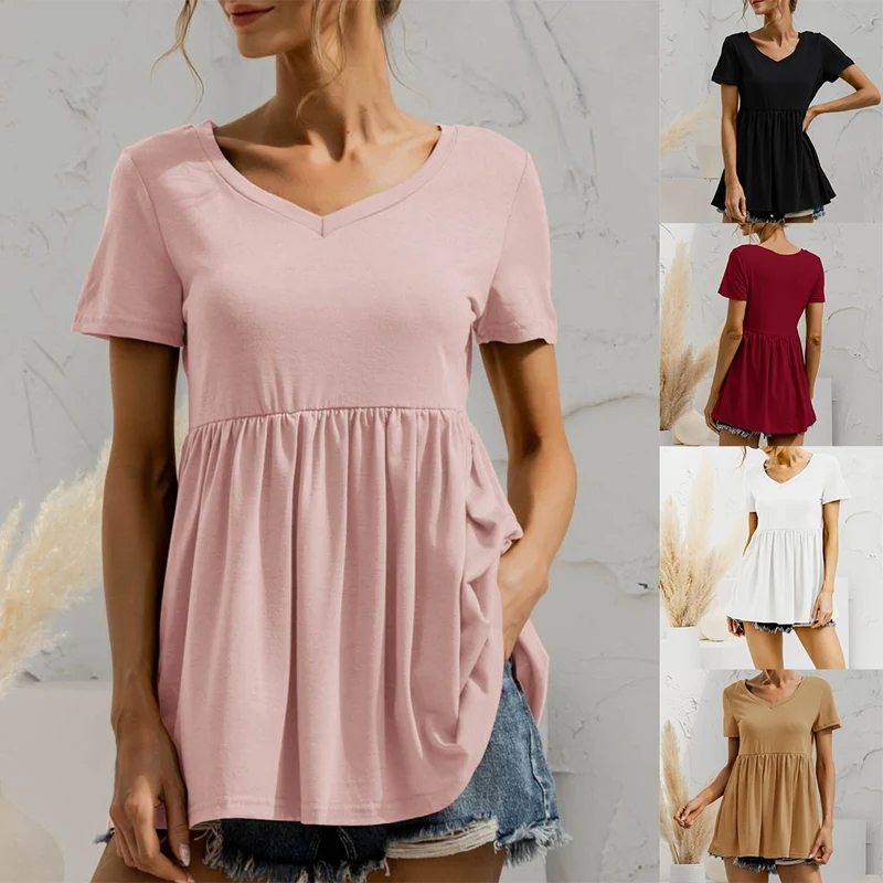

Women's V-Neck Ruffled Tops Summer Short-Sleeved Babydoll Casual Pleated T-Shirt