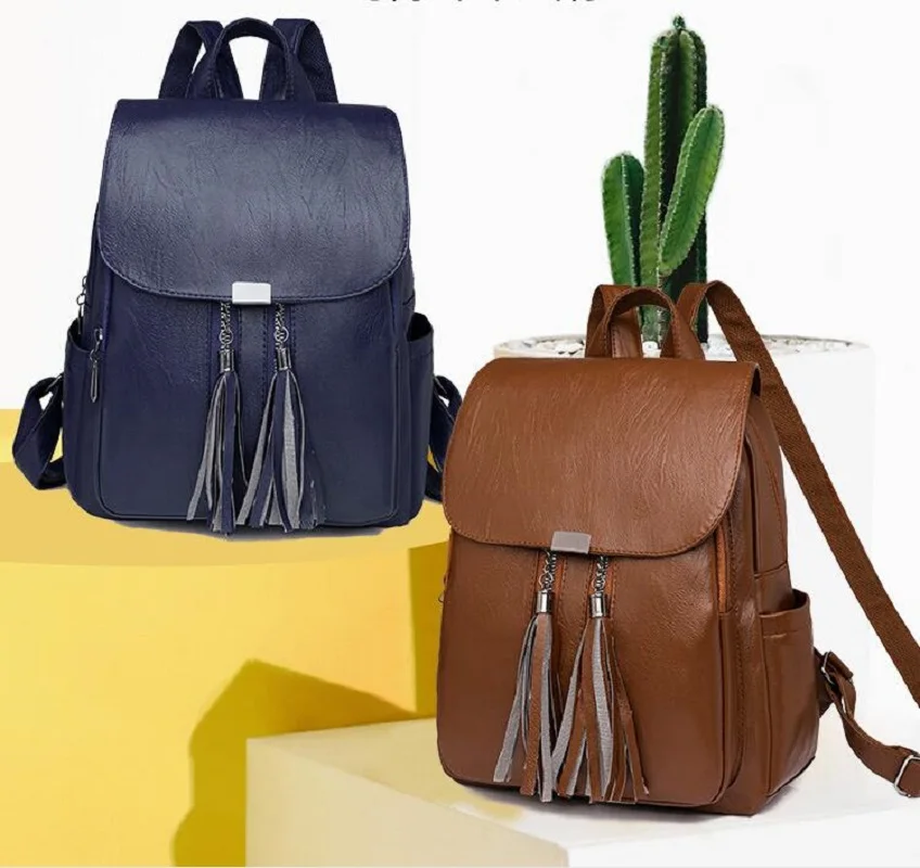 

Women New Fashion Tassel Design High Quality Soft Leather Backpack Large Capacity Travel Shoulder Bags Laptop School Bag Totes