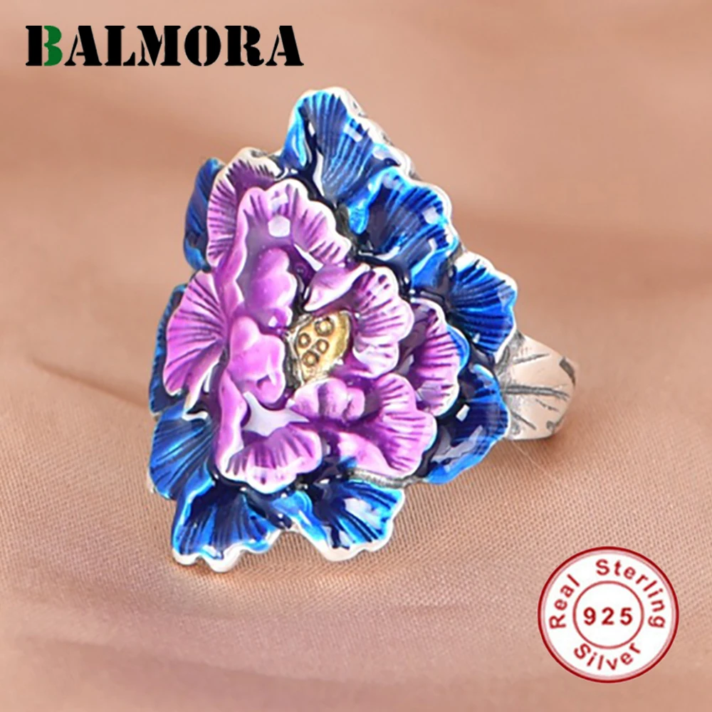 

BALMORA Real S990 Silver Colorful Pink Peony Flower Adjustable Rings Jewellery Gift For Women Mother Wide Enamel Opend Anillos