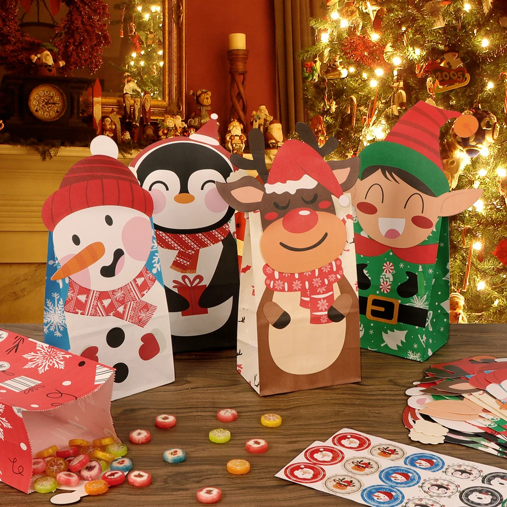 

OurWarm 24pcs Christmas Goody Bags Die-Cut Pattern Gifts Candies Cookies Bags with Stickers Winter Holiday Xmas Party Supplies