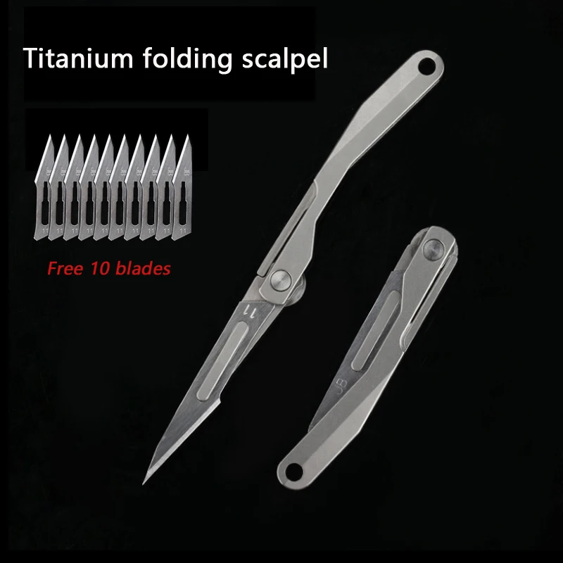 Mini Titanium Alloy Folding Scalpel Medical Folding Knife EDC Outdoor Unpacking Pocket Knife with 10pcs Replaceable Blades