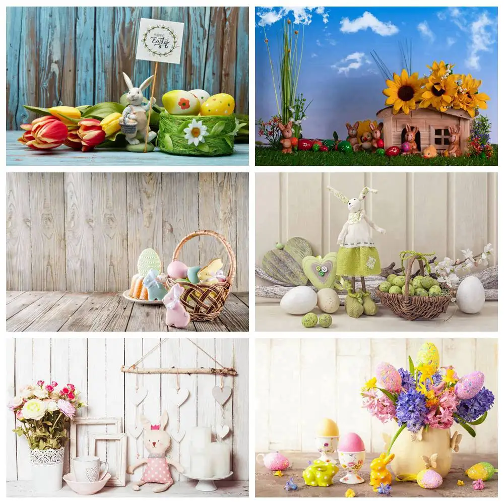 Photography Backdrops Easter Eggs Decoration Wooden Boards Flowers Rabbits Cabin Grass Custom Baby Party Photo Backgrounds Props