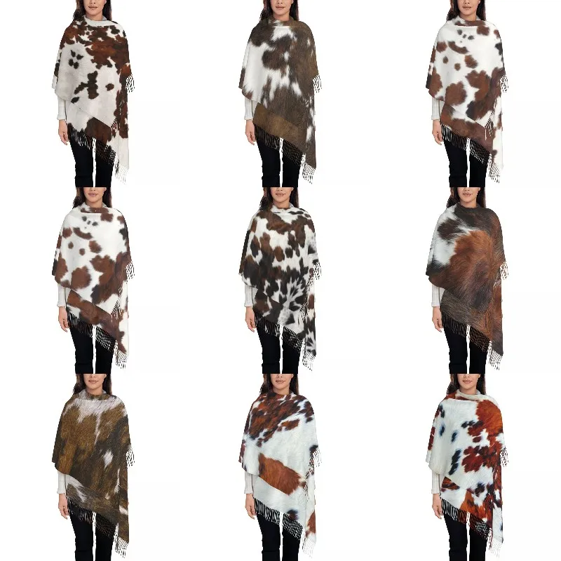 

Faux Fur Modern Cowhide Texture Tassel Scarf Women Soft Animal Hide Pattern Skin Leather Shawls Wraps Female Winter Scarves
