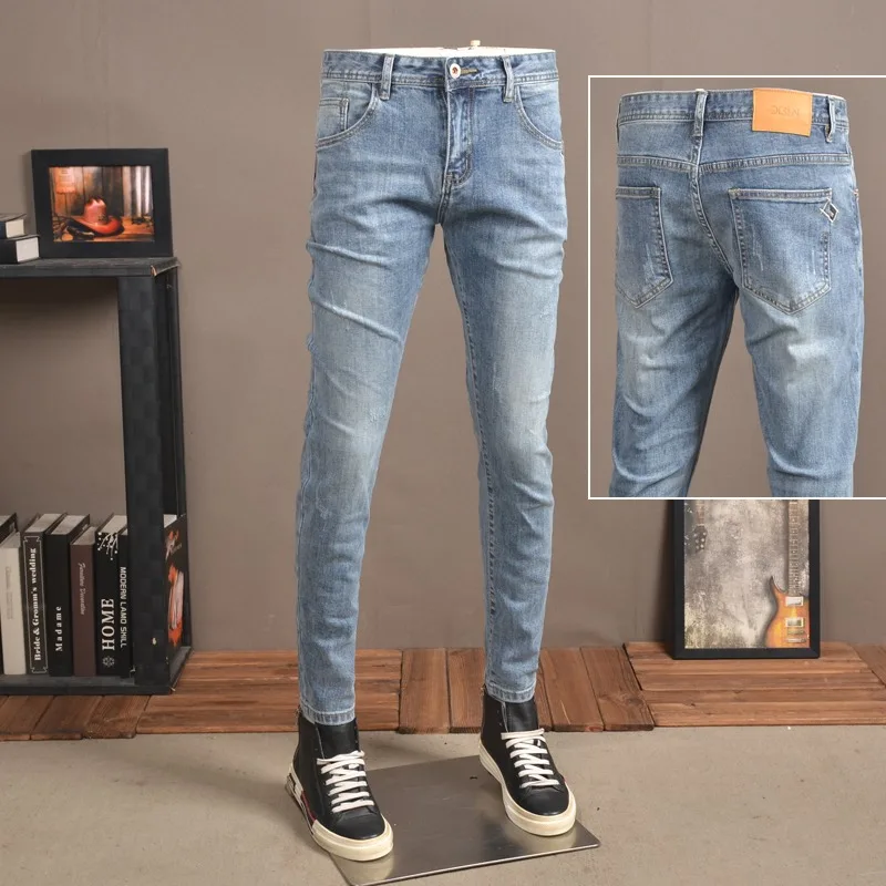 Autumn Light Blue Jeans Men Streetwear Casual Pencil Pants Korean Style Fashion Slim Fit Denim Trousers