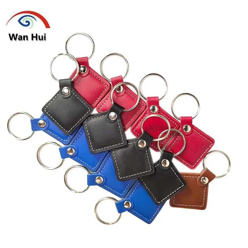 

10Pcs/Lots Leather Keychain Access Control Card EM4305 T5577 Key Tag RFID Tags Access Card Case Black Blue Brown Red