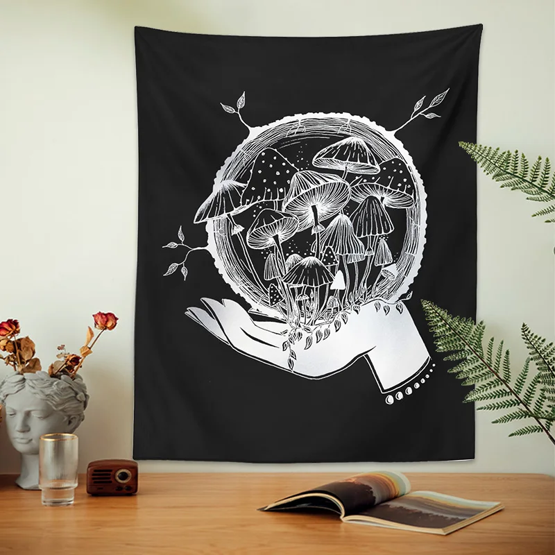 

Mushroom woman Tapestry Wall Hanging Psychedelic moon black mushroom vintage 80S art Hippie decor Fungi girl Decor Art Blanket