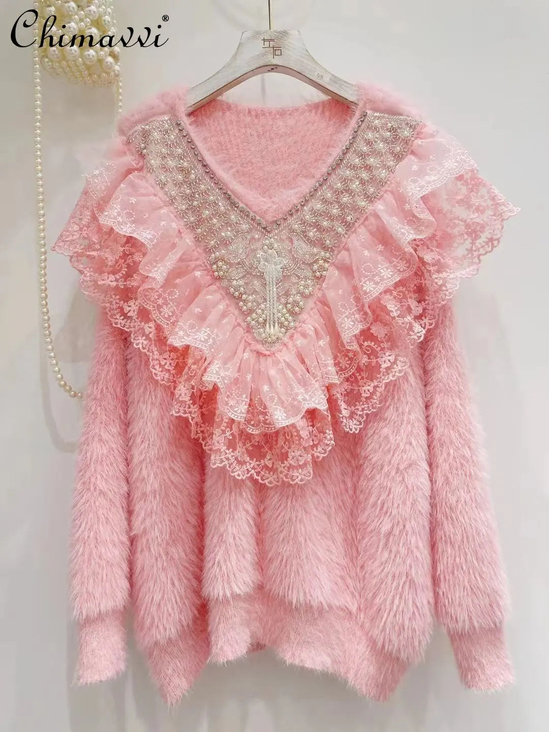 

Women's 2022 fall Korean fashion Sweet knitted top ladies fairy elegant Beads Rhinestone Lace Stitching Imitation Mink sweater