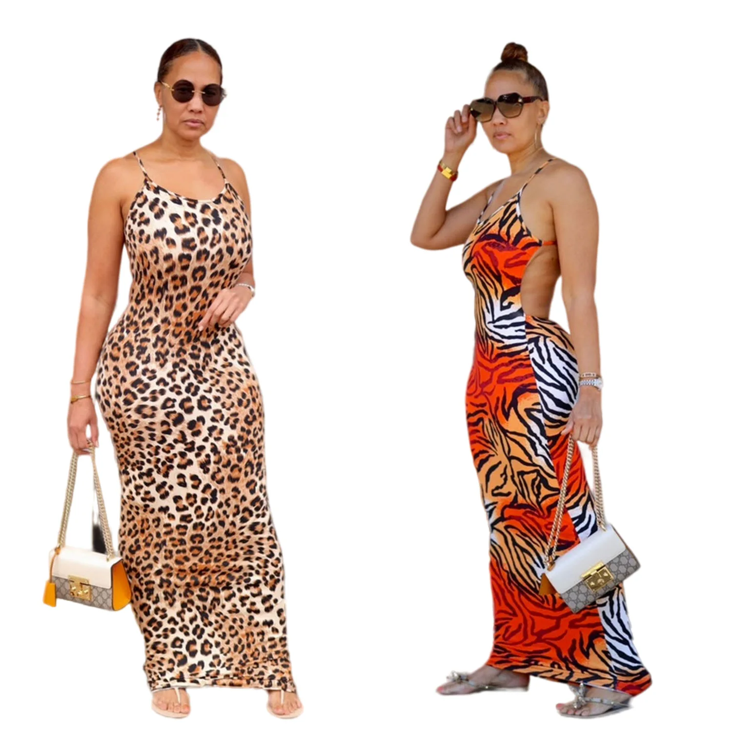 

Printed Leopard Suspender Backless Dress Sexy Mature Women Maxi Dress