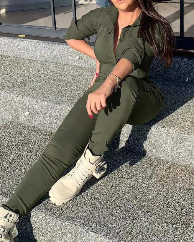 2023 Spring and Summer New Women's Casual Solid Color Long-Sleeved Rib Lower Collar Jumpsuit