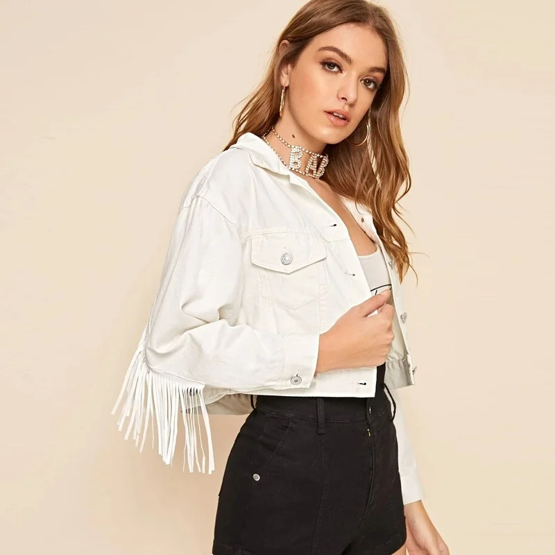 

Tassel Denim Jacket Women White Cropped Jackstes Spring Autumn Solid Colors Casual Slim Lapel Short Coats New Fashion Outwears