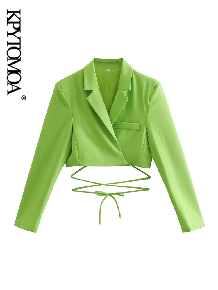 

KPYTOMOA Women Fashion With Tied Cropped Green Blazer Coat Vintage Long Sleeve Female Outerwear Chic Veste Femme